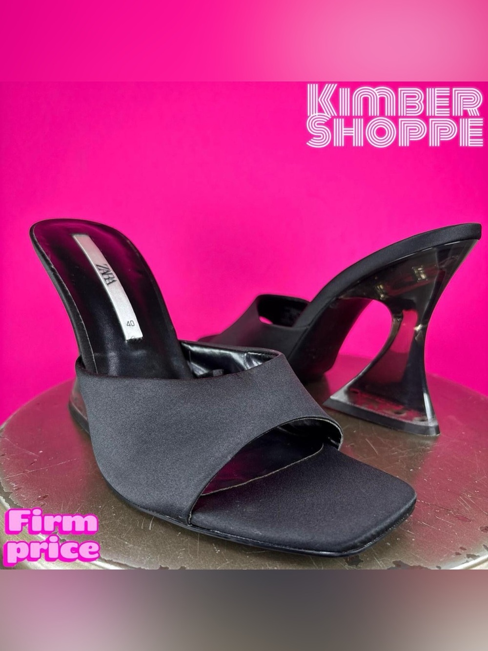 Zara Black Square Open Toe Slip-On Methacrylate Flare Heel Sandal EU 40 US 9
